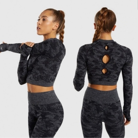 Gymshark Tops - GYMSHARK CAMO SEAMLESS LONG SLEEVE CROP TOP